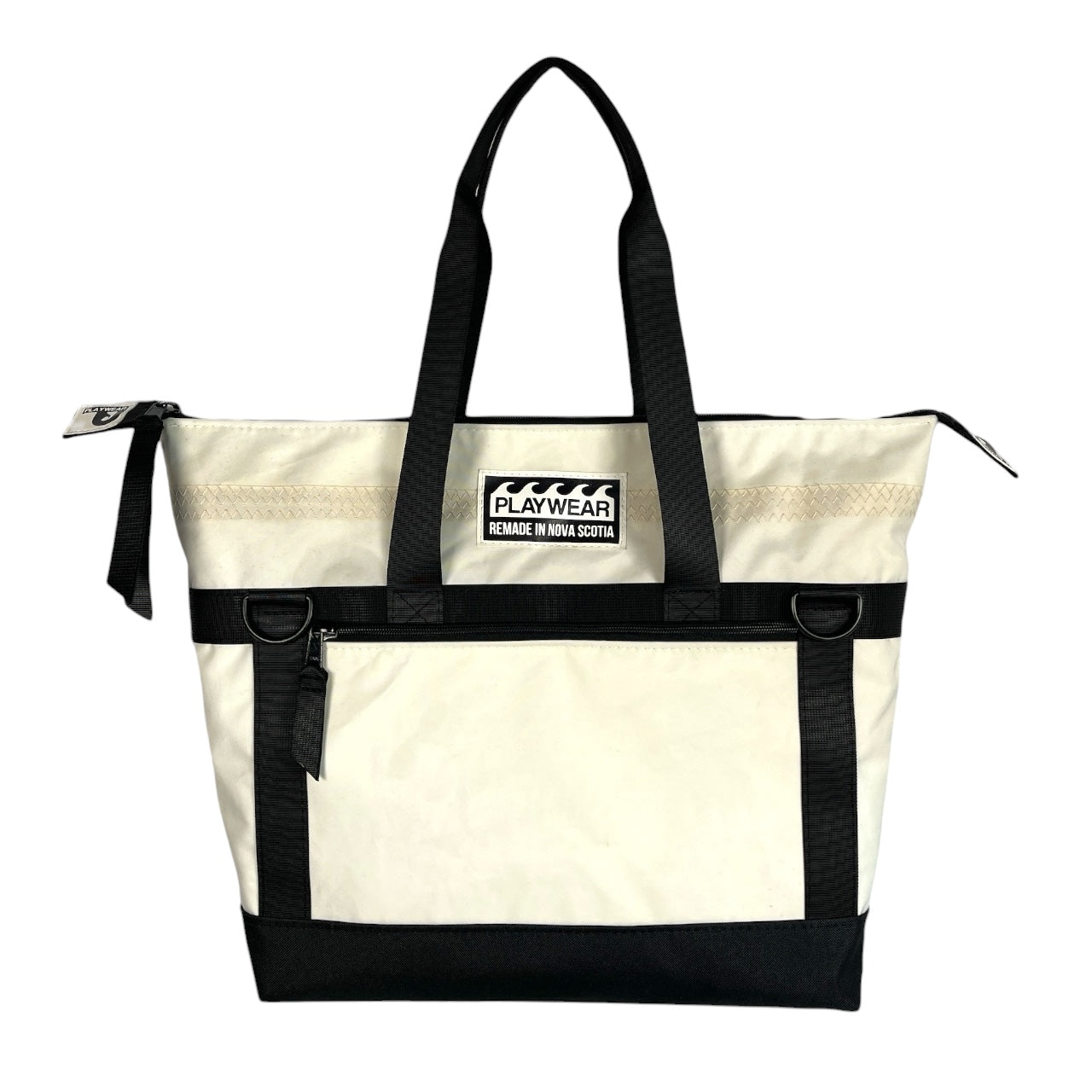 SUSTAINABLY MADE IN CANADA. UPCYCLED BY PLAYWEAR FROM REPURPOSED SAILS. TOTE BAG FOR EVERYDAY USE OR WEEKEND TRAVEL. WEEKENDER.