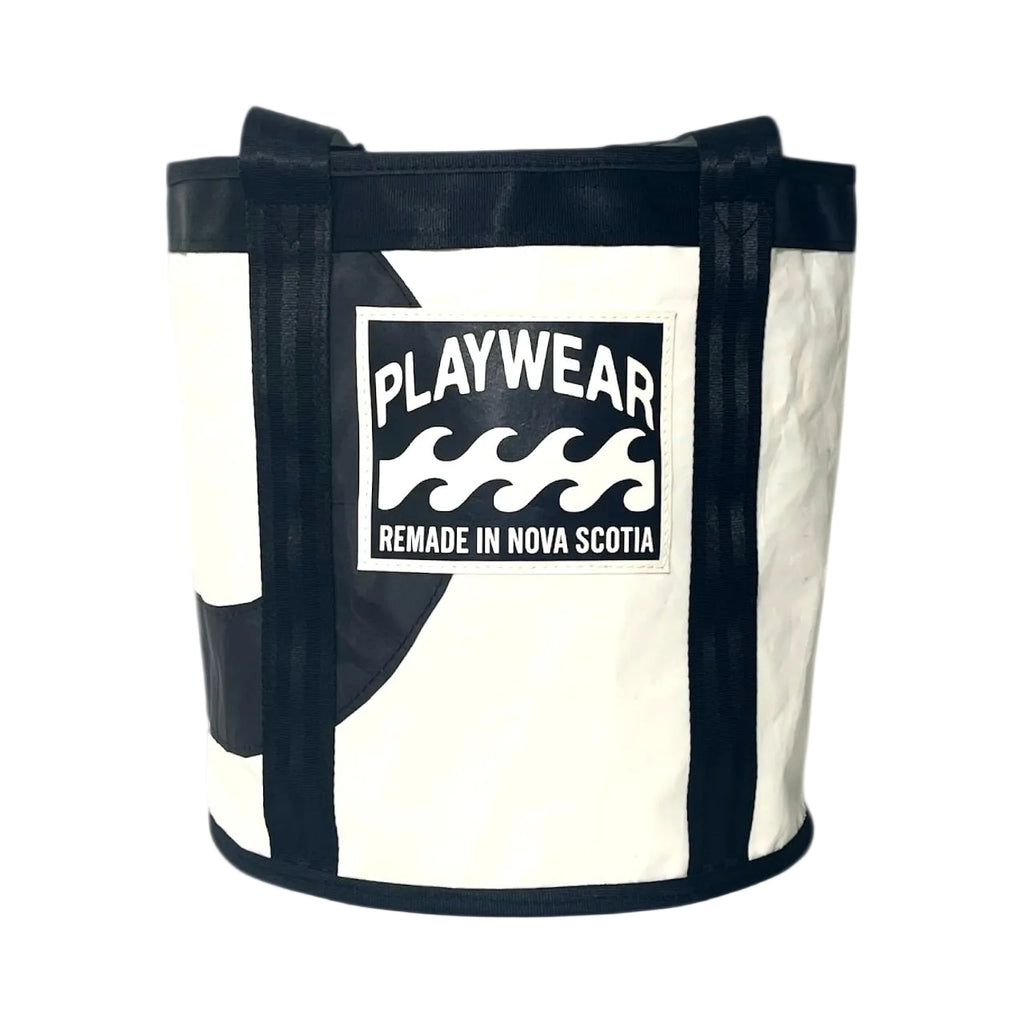 Black and white tote bag with 'Playwear Remade in Nova Scotia' logo on a white background