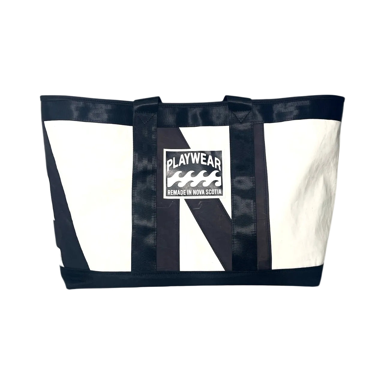 Tote bag with black straps and white body, featuring a logo and text on a white background