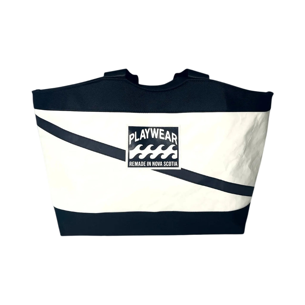 Black and white bag with 'Playwear Remade in Nova Scotia' logo on a white background