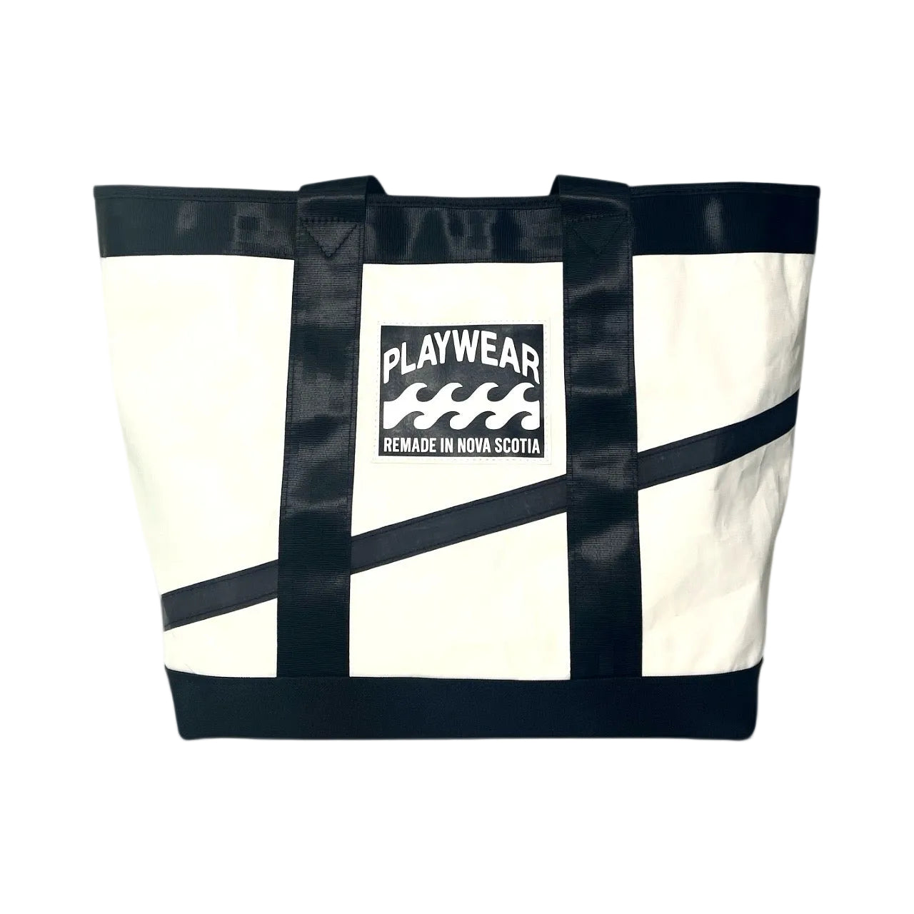 White tote bag with black straps and 'Playwear' logo on a white background