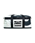 White duffel bag with black straps and 'Playwear Remade in Nova Scotia' logo on a white background