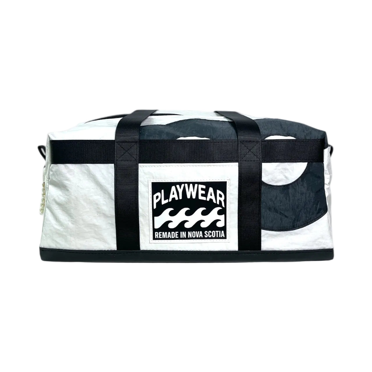 White duffel bag with black straps and 'Playwear Remade in Nova Scotia' logo on a white background
