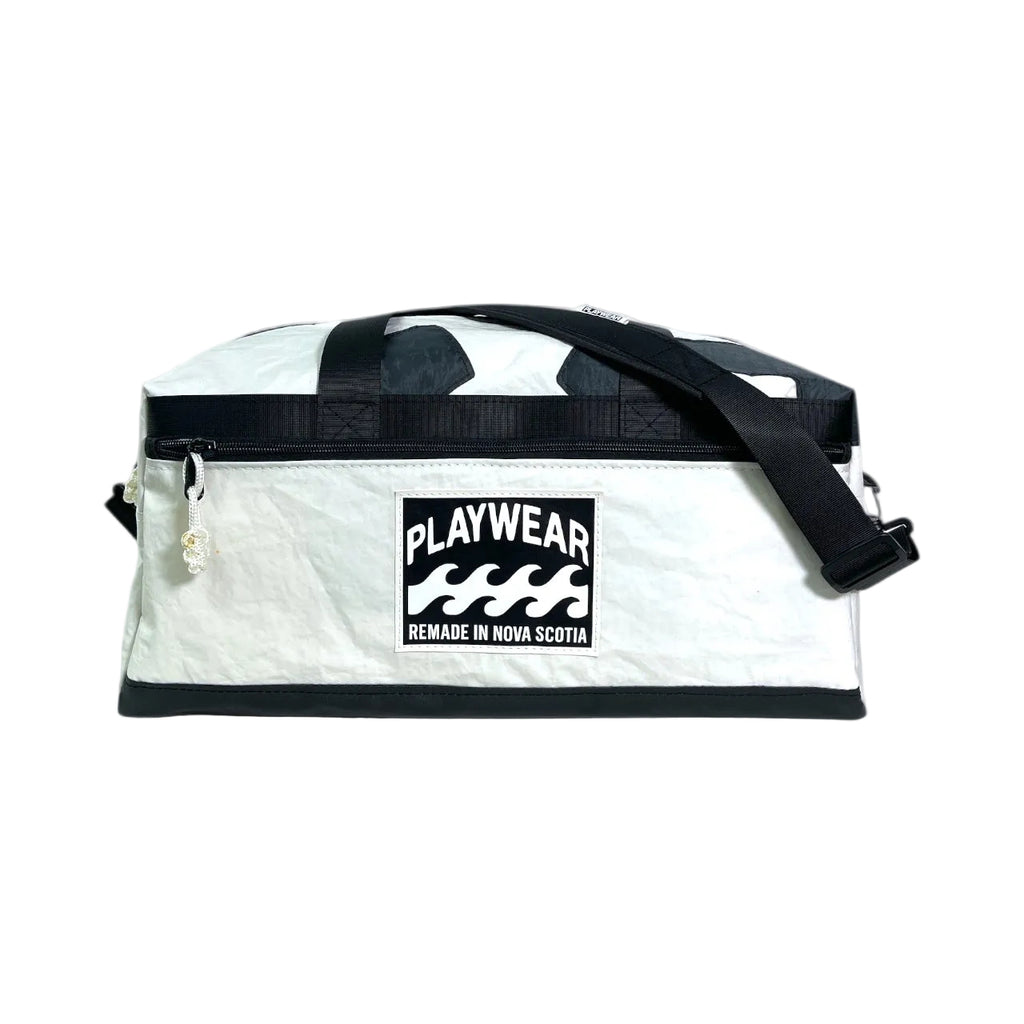 White duffel bag with black straps and 'Playwear' logo on a white background