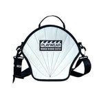 White bag with black straps and 'Playwear Remade in Nova Scotia' label on a white background