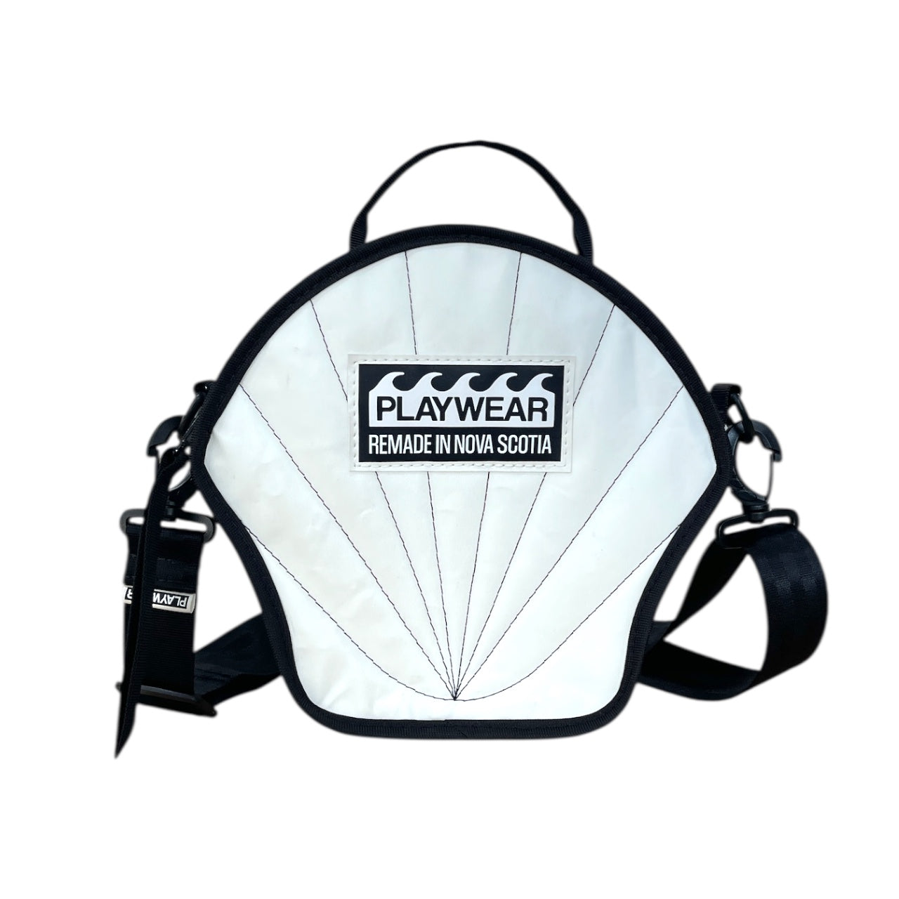 White bag with black straps and 'Playwear Remade in Nova Scotia' label on a white background