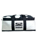 White duffel bag with black straps and 'Playwear Remade in Nova Scotia' logo on a white background