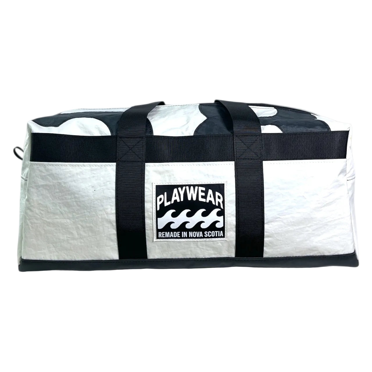 White duffel bag with black straps and 'Playwear Remade in Nova Scotia' logo on a white background