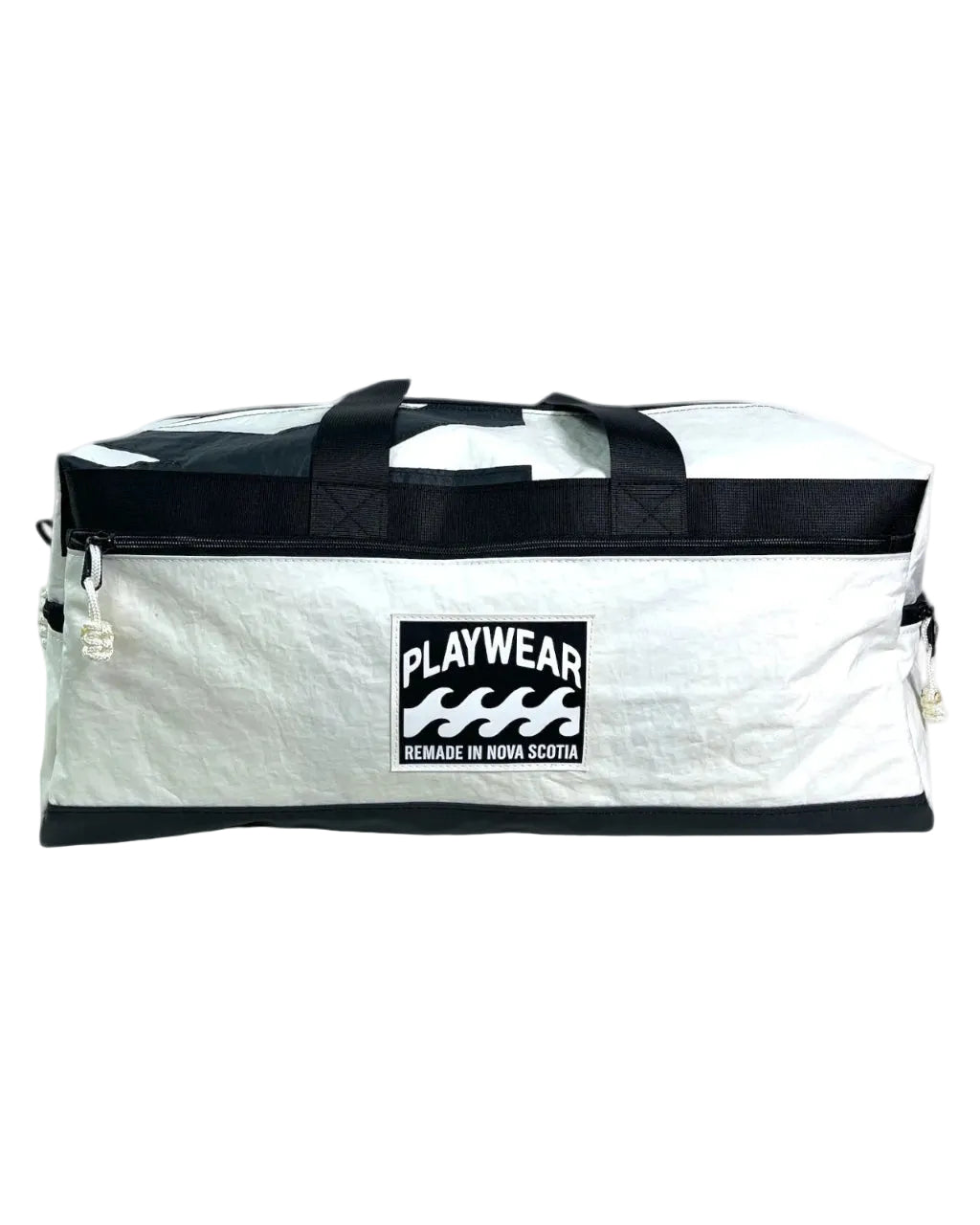 White duffel bag with black straps and 'Playwear' logo on a white background