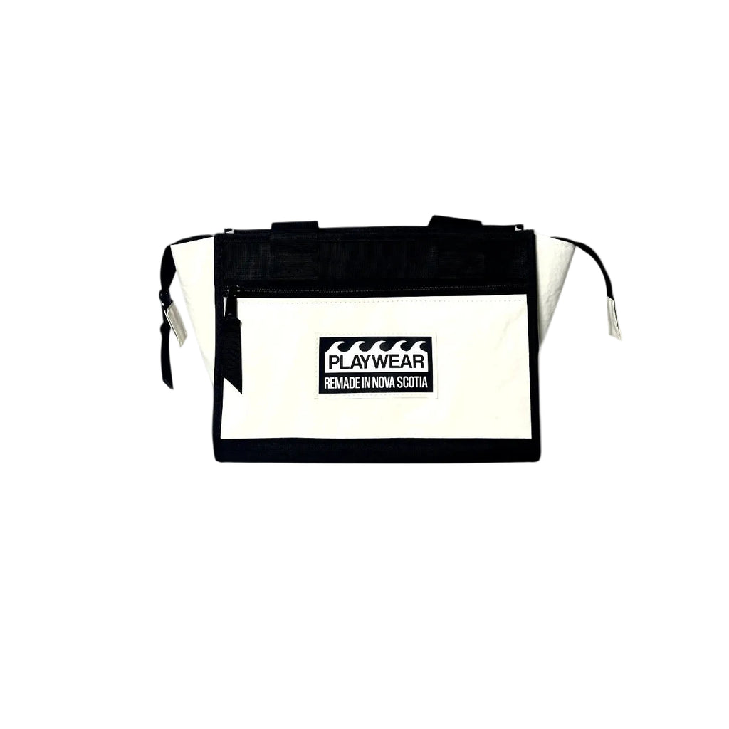 Black and white bag with 'Playwear' logo on a white background