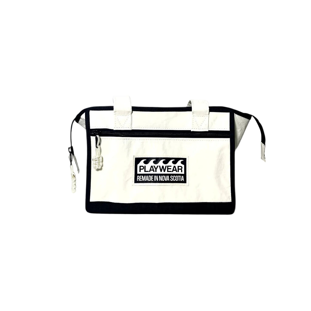 White tote bag with black accents and 'Playwear' logo on a white background