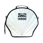 White shell-shaped bag with black trim and a 'Playwear' logo on a white background