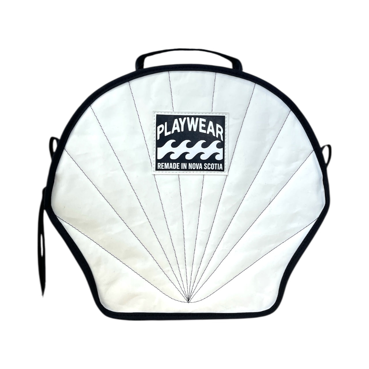White shell-shaped bag with black trim and a 'Playwear' logo on a white background
