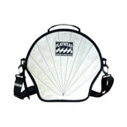 Round white bag with black straps and 'Playwear' label on a white background