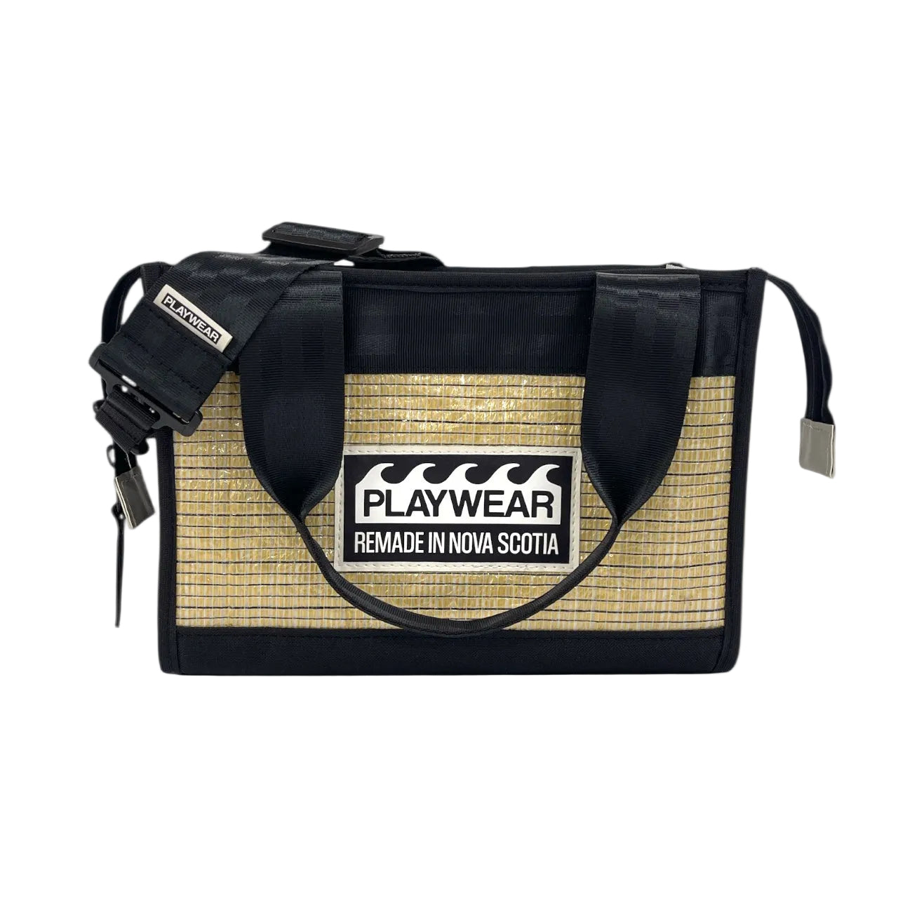 Black and beige bag with 'Playwear Remade in Nova Scotia' label on a white background